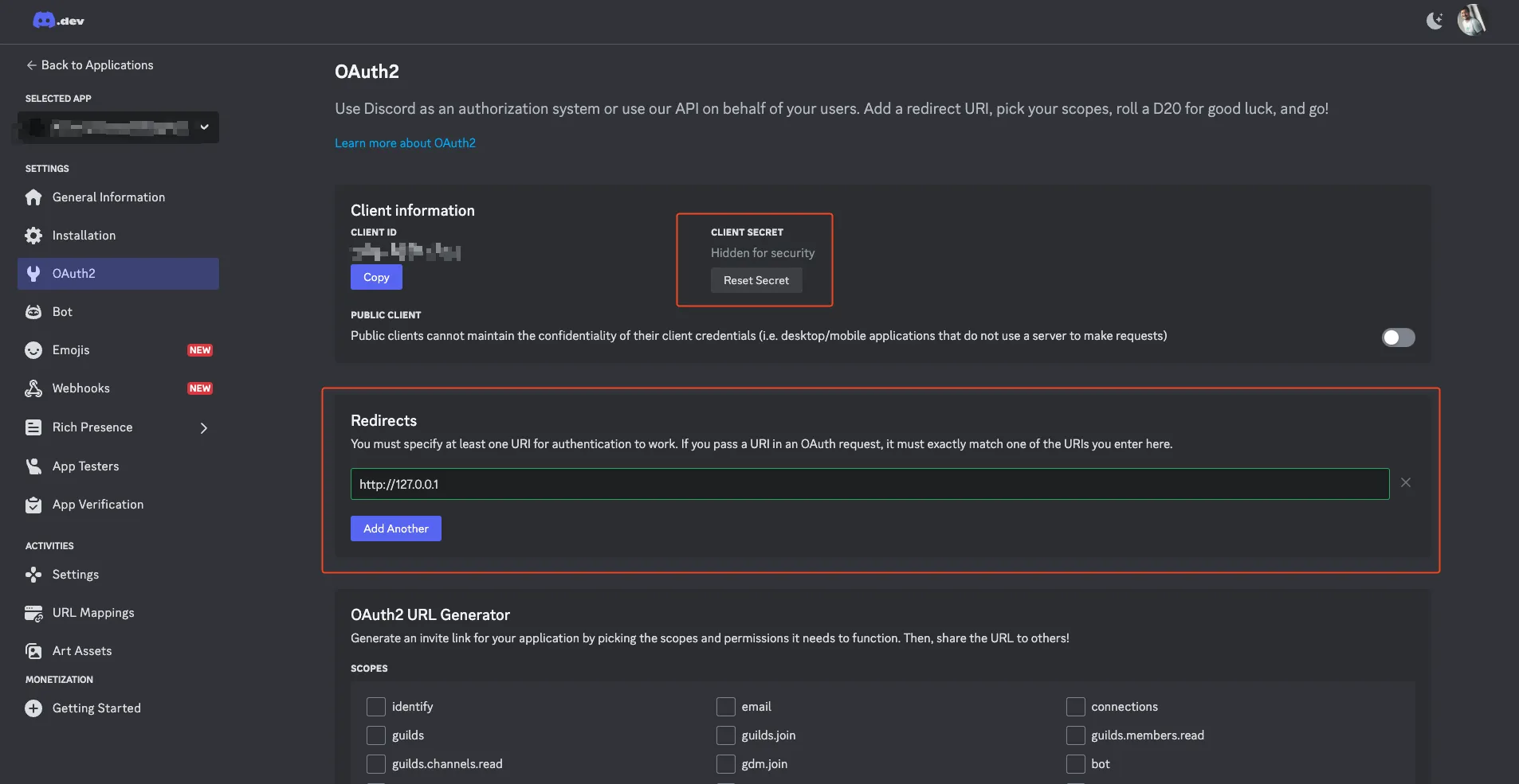 截图：活动 OAuth 设置