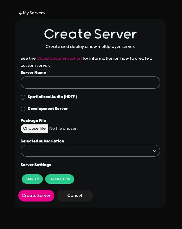 Screenshot: Create Server Production