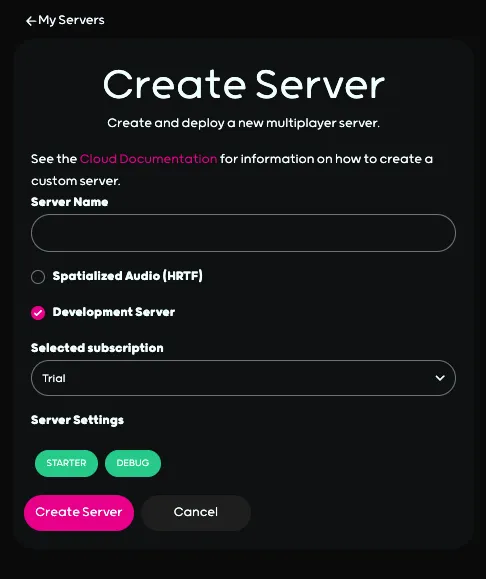 Screenshot: Create Server