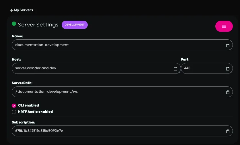 Screenshot: Develop Server Details