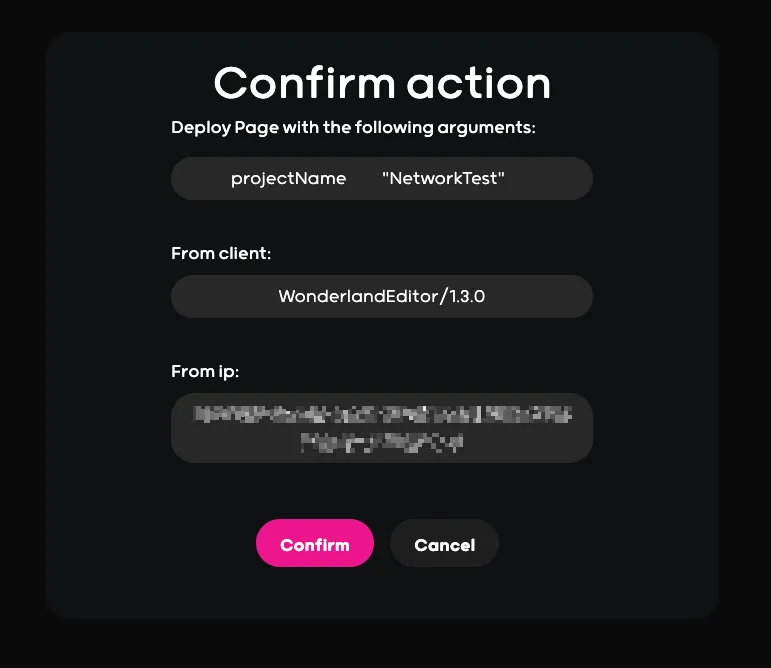 Screenshot: Publish Page Confirm Action