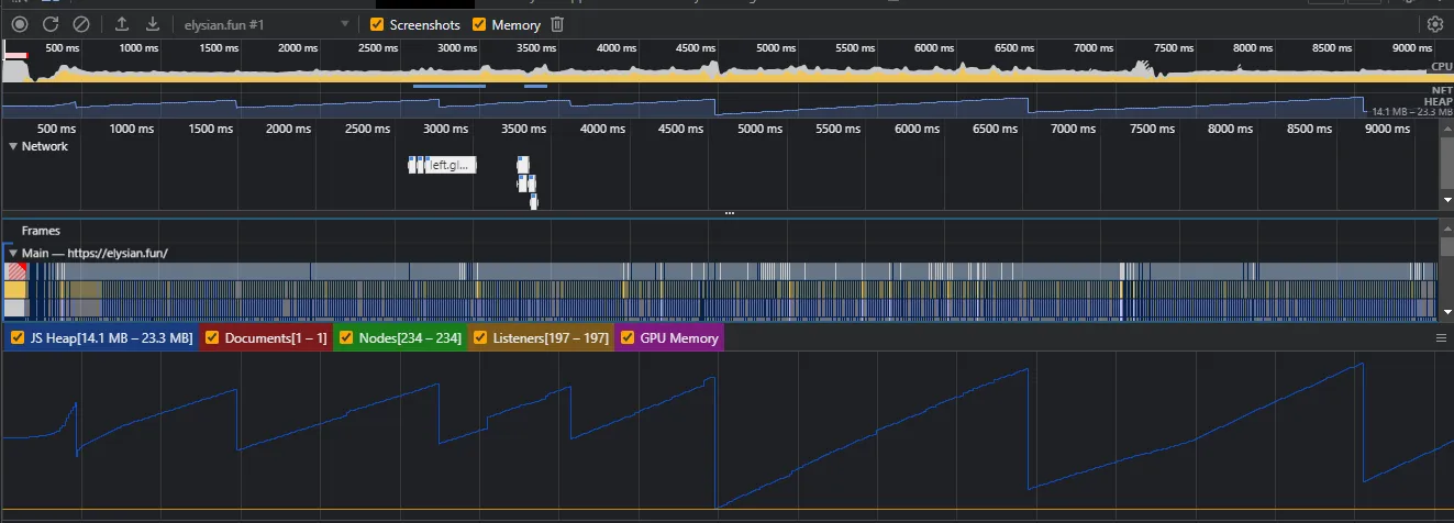 Memory Profile taken on Three.js-based Elysian
