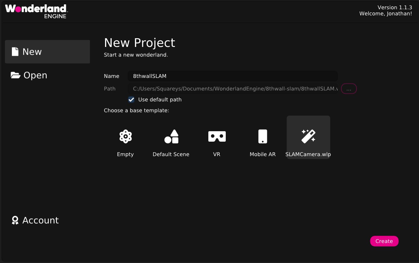 Screenshot of Wonderland Editor: 8th Wall SLAM template