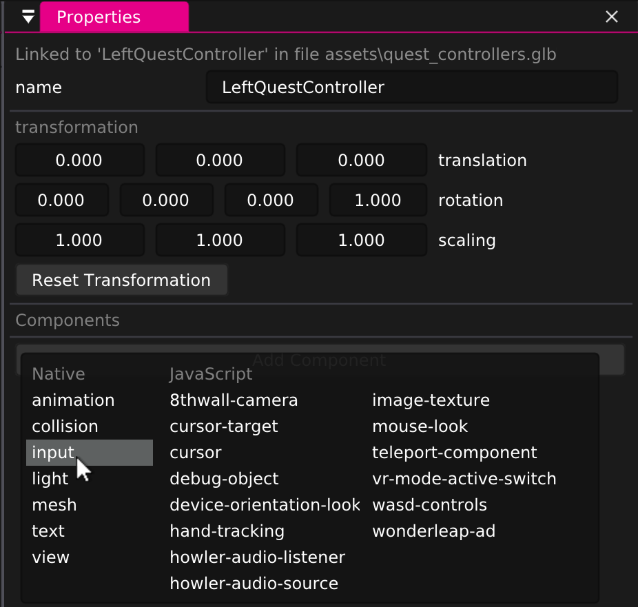 Sceenshot: Getting Started VR - Input Components