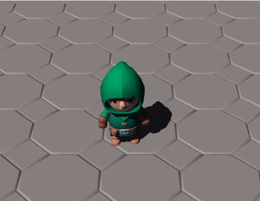 A top-down view of the 3D character with a green hood walking across a hexagonal tiled floor in the game scene.