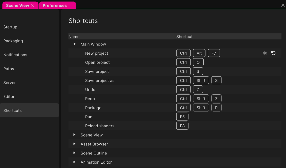 Screenshot: Configurable Shortcuts in Preference View