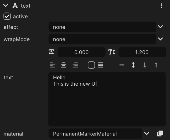 Screenshot: New text component UI
