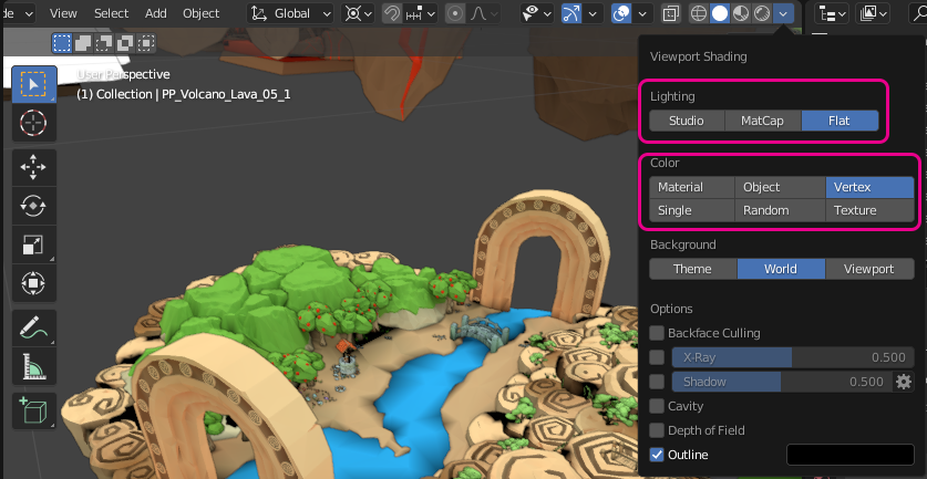 Srceenshot: Blender 3D viewport settings to visualize vertex colors