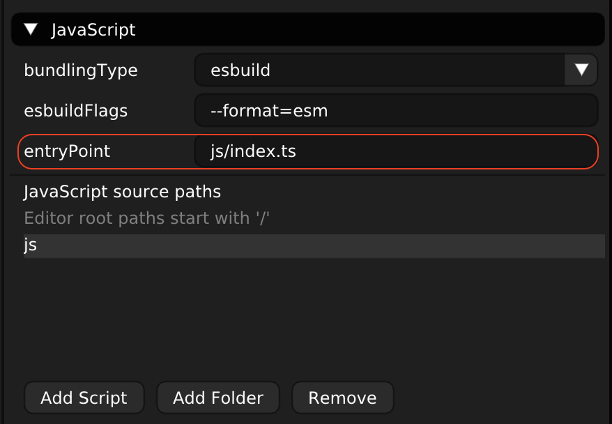 Screenshot demonstrating how to change the entry point to a TypeScript source